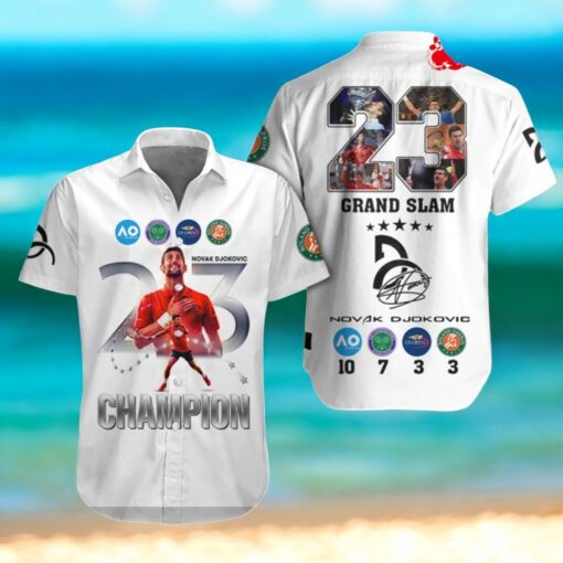 Novak Djokovic 23 Champions Grand Slam Signatures White Hawaiian Shirt