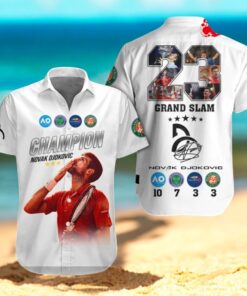 Novak Djokovic 23 Champions Premium Grand Slam Signatures White Hawaiian Shirt