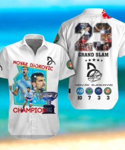 Novak Djokovic Champions 23 Grand Slam Signatures White Hawaiian Shirt