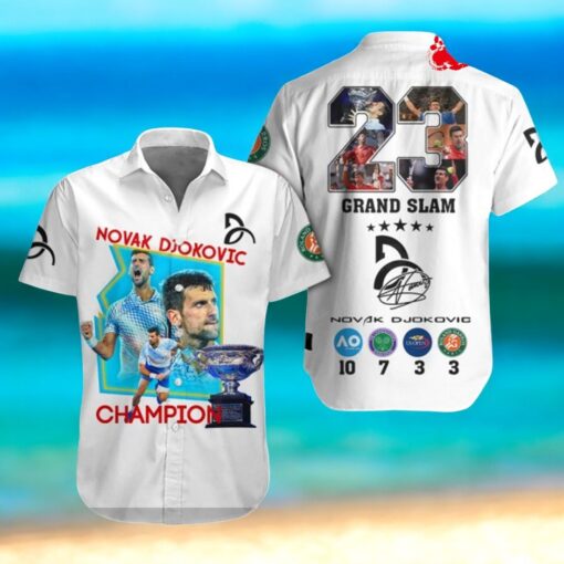 Novak Djokovic Champions 23 Grand Slam Signatures White Hawaiian Shirt