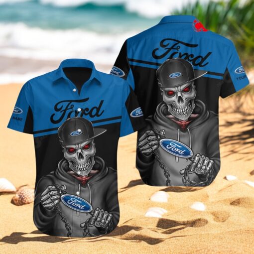 Personalized Ford Branch Skull Premium Mix Black Navy Hawaiian Shirt