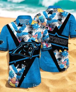 Personalized Name Carolina Panthers NFL Flower Mix Black Summer Hawaiian Shirt