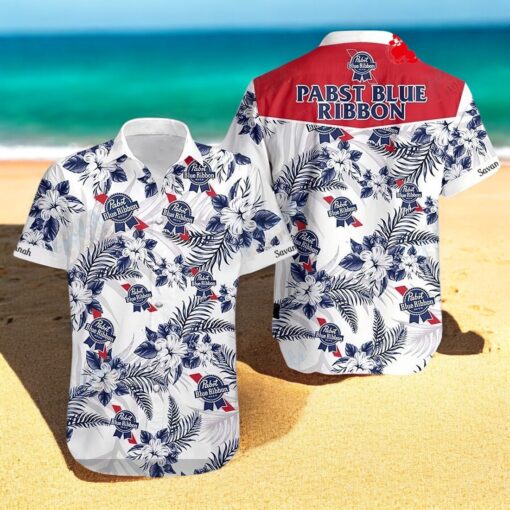 Personalized Name Pabst Blue Ribbon Floral For Sports Fans Unisex Hawaiian Shirt