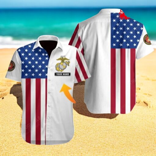 Personalized Name US Marine Corps American Flag Design Hawaiian Shirt