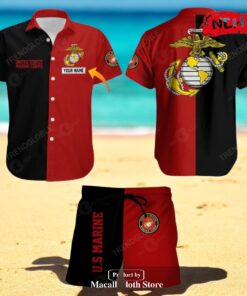 Personalized Name US Marine Corps Mix Black Red Design Hawaiian Shirt Personalized Name US Marine Corps Mix Black Red Design Hawaiian Shirt