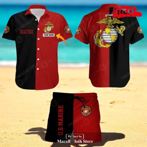 Personalized Name US Marine Corps Mix Black Red Design Hawaiian Shirt