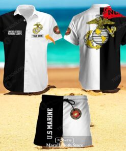 Personalized Name US Marine Corps Mix Black White Design Hawaiian Shirt