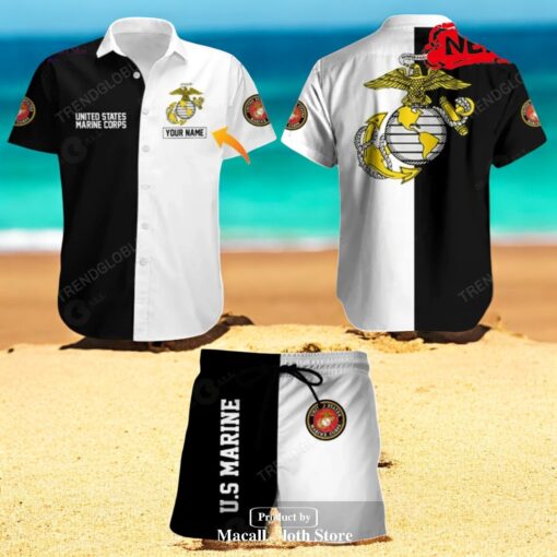 Personalized Name US Marine Corps Mix Black White Design Hawaiian Shirt