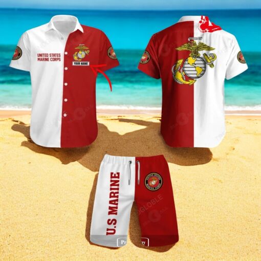 Personalized Name US Marine Corps Mix Red White Design Hawaiian Shirt