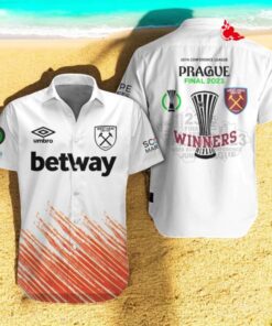 Prague Final Winners West Ham United Orange White Hawaiian Shirt Prague Final Winners West Ham United Orange White Hawaiian Shirt