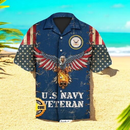 SALE U.S Navy Veteran United States Navy Eagle And Fire Skull American Flag Veterans Day Hawaiian Shirt