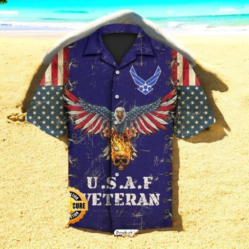 SALE U.S.A.F Veteran United States Air Force Eagle And Fire Skull American Flag Veterans Day Hawaiian Shirt