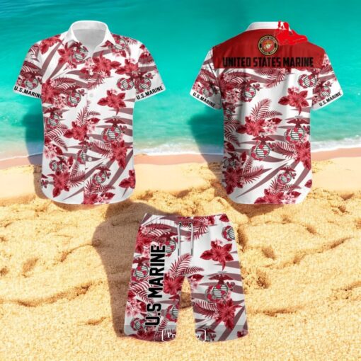 US Marine Red Flowers Leaf Design Hawaiian Shirt