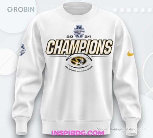 Missouri Tigers TransPerfect Music City Bowl Champions 2024 White Sweatshirt, Sweater