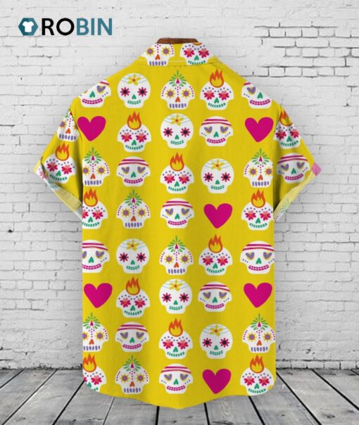 Skulls Hawaiian Shirt –  Yellow Mexican Ethnic Print Aloha Shirt