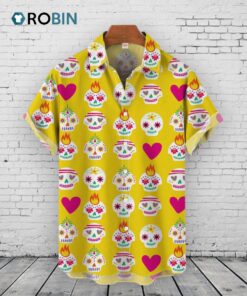 Skulls Hawaiian Shirt –  Yellow Mexican Ethnic Print Aloha Shirt Skulls Hawaiian Shirt –  Yellow Mexican Ethnic Print Aloha Shirt