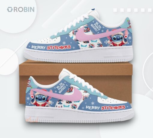 Stitch Merry Christmas Blue Punch Buggy Air Force 1 Shoes   Festive Design