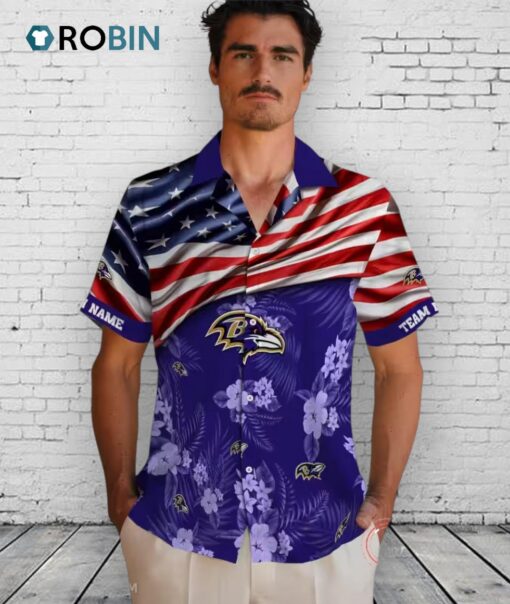 Baltimore Ravens US Flag Hibiscus Hawaiian Shirt