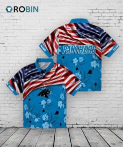 Custom Carolina Panthers US Flag Hibiscus Hawaiian Shirt Custom Carolina Panthers US Flag Hibiscus Hawaiian Shirt