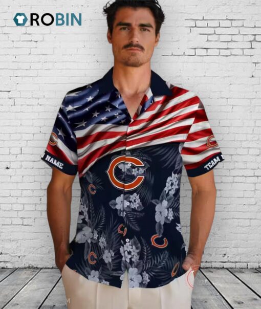 Custom Chicago Bears US Flag Hibiscus Hawaiian Shirt
