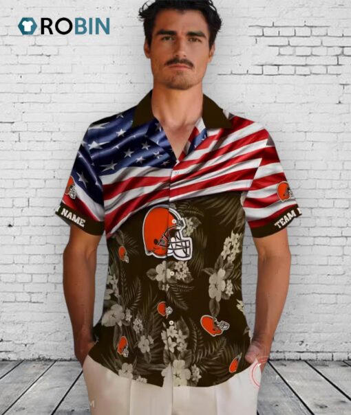 Custom Cleveland Browns US Flag Hibiscus Hawaiian Shirt