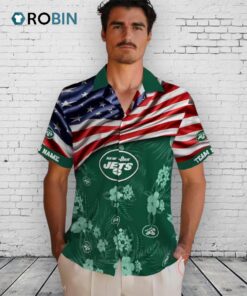Custom New York Jets US Flag Hibiscus Hawaiian Shirt