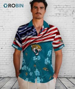 Jacksonville Jaguars US Flag Hibiscus Teal Hawaiian Shirt
