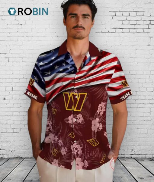 Washington Commanders US Flag Hibiscus Burgundy Hawaiian Shirt