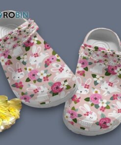Beautyful Baby Rabit White And Flower Light Pink Happy Easter Classic Crocs
