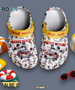 Custom Name Happy Mickey And Minnie Mouse In Red Car Cartoon White Classic Crocs