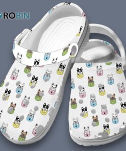 Cute French Bulldog Puppies In Colorful Pockets White Clogs Cute French Bulldog Puppies In Colorful Pockets White Clogs
