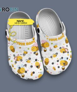 Personalized White Slippers Happy Working Bees Cartoon Style Clogs