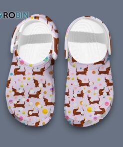 Playful Whimsical Pet Footwear Dachshund & Balls Pink Crocs for Men, Women, Kid