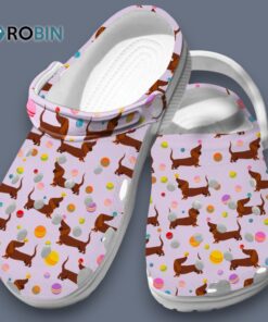 Playful Whimsical Pet Footwear Dachshund & Balls Pink Crocs for Men, Women, Kid