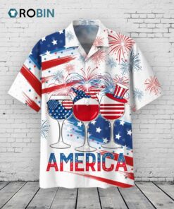 3D All Over Print Usa Hawaiian Shirt Glass Drinking Cheer Up Independence Day, America 4th Of Jul Hawaiian Shirt