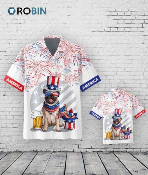 3D Full Print Independence’s Day Hawaiian Shirt, Pug And Beer Hawaii Summer Beach Shirt, 4th Of Jul Hawaii Dog Shirt
