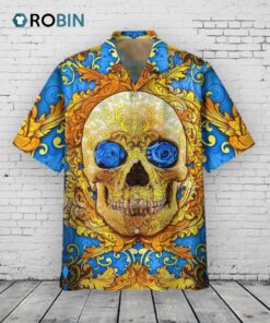 3D Full Printed Hawaiian Shirts With Skull, Blue Flowers Skull Hawaii Aloha Beach Shirts, Skull Hawaiian Shirt