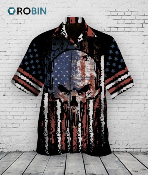 3D Skull Hawaiian Shirt With American Flag Pattern, Skulls Hawaii Shirt Short Sleeve