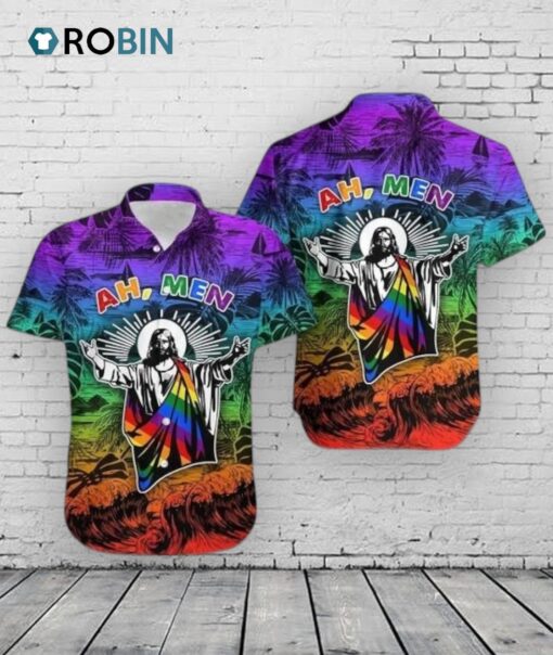 Ah Men Funny Jesus Lgbt Pride Aloha Hawaiian Shirt, Lgbtqia2S+ Hawaiian Shirt