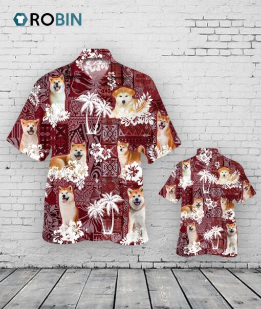 Akita Hawaiian Shirt, Dog Red Tribal Pattern Hawaii Aloha Beach Shirt For Men Women