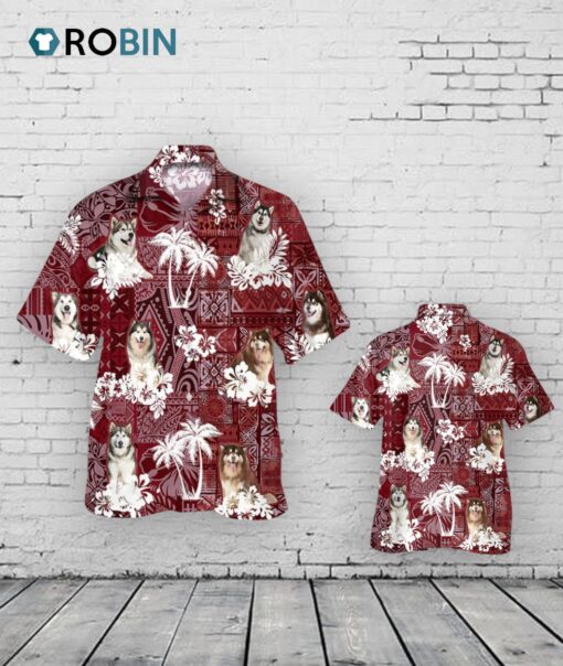 Alaskan Hawaiian Shirt, Dog Aloha Shirt Short Sleeve With Red Tribal Pattern