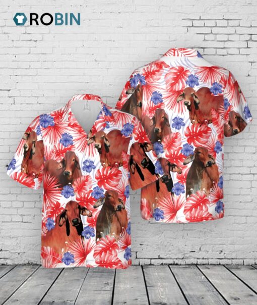 American Colors Red Brahman Cattle Hawaiian Shirt