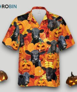 Autumn Leaf Black Angus Cattle Pumpkin Hawaiian Shirt Halloween Hawaii Aloha Beach Shirt