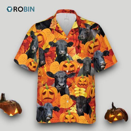 Autumn Leaf Black Angus Cattle Pumpkin Hawaiian Shirt Halloween Hawaii Aloha Beach Shirt