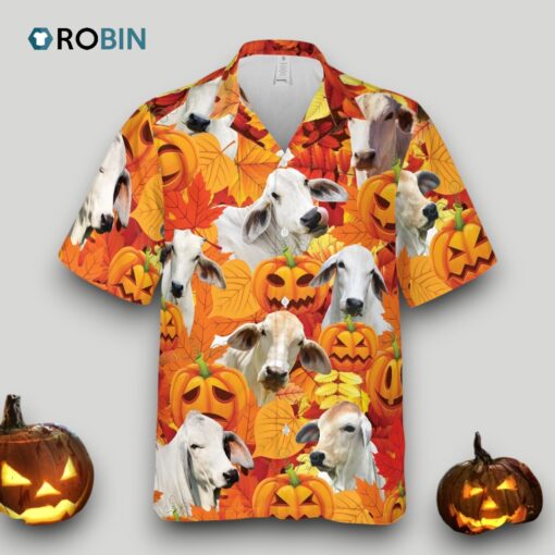 Autumn Leaf Brahman Cattle Pumpkin Hawaiian Shirt