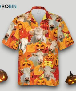 Autumn Leaf Charolais Cattle Pumpkin Hawaiian Shirt Halloween Hawaii Aloha Beach Shirt