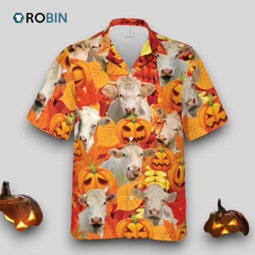 Autumn Leaf Charolais Cattle Pumpkin Hawaiian Shirt Halloween Hawaii Aloha Beach Shirt