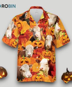 Autumn Leaf Hereford Cattle Pumpkin Hawaiian Shirt Halloween Hawaii Aloha Beach Shirt