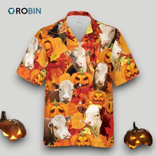 Autumn Leaf Hereford Cattle Pumpkin Hawaiian Shirt Halloween Hawaii Aloha Beach Shirt