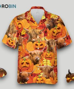 Autumn Leaf Highland Cattle Pumpkin Hawaiian Shirt Short Sleeve